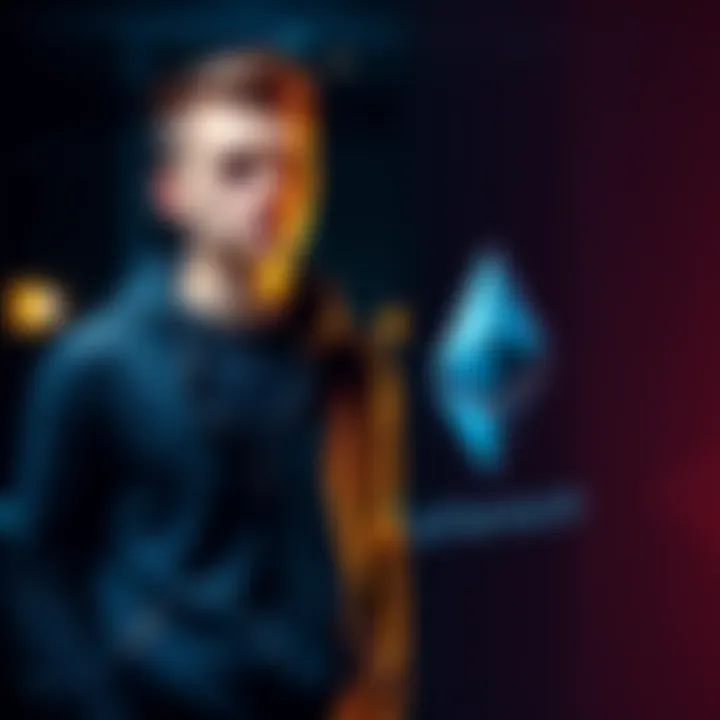 Vitalik Buterin standing next to the Ethereum logo, representing his recent Ethereum sales, with a thoughtful expression