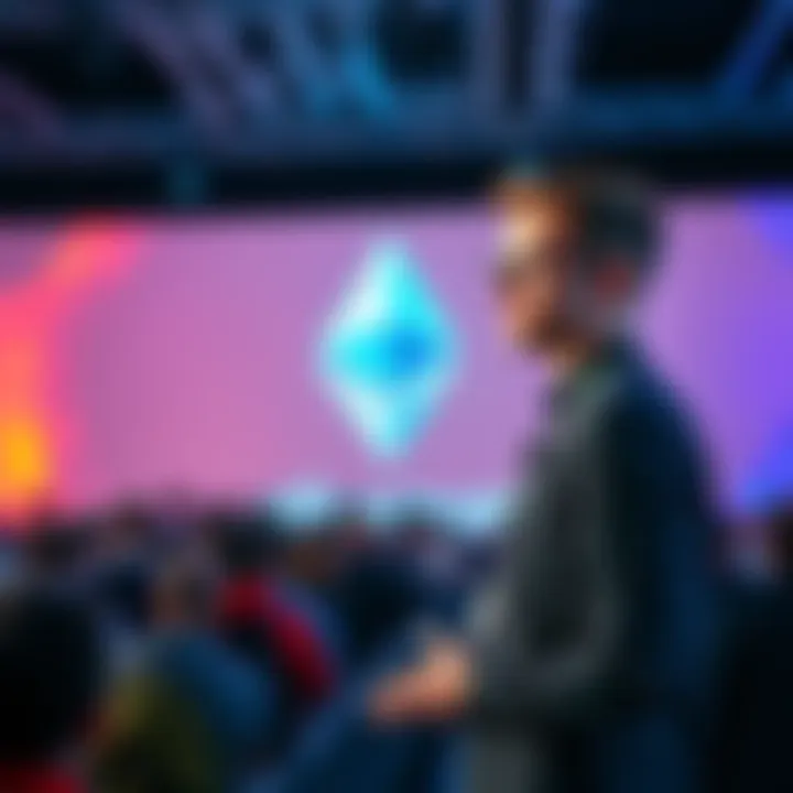 Vitalik Buterin speaks at a conference about changing Ethereum's scaling strategy, with a backdrop of Ethereum's logo and a crowd of attendees.