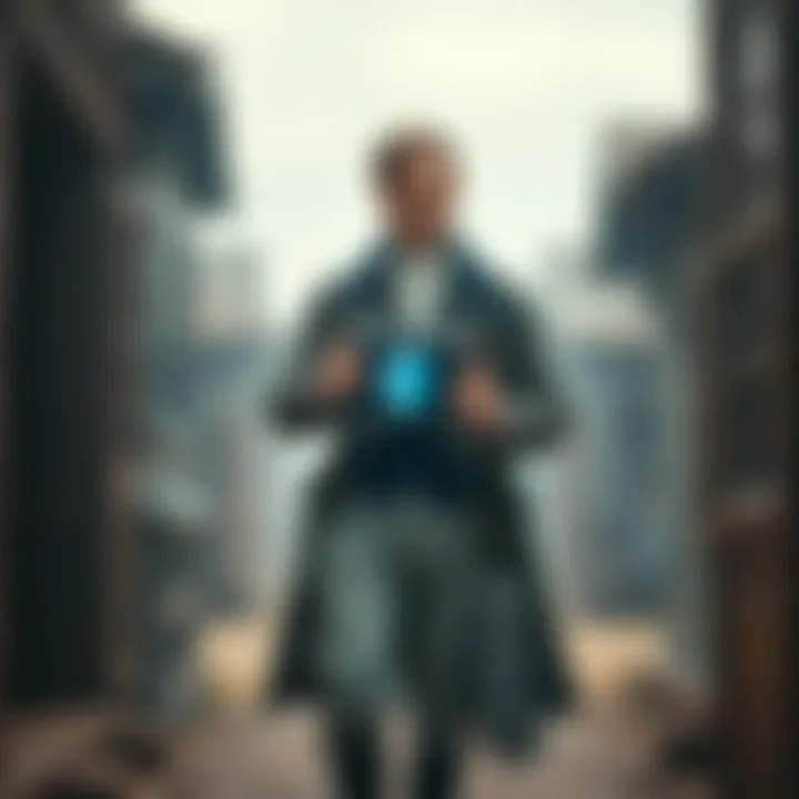 A person dressed in 1830s clothing resembling Vitalik Buterin, holding a futuristic device, standing in a vintage setting, as if time traveling.