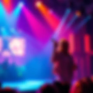A singer passionately performing a cover of the Infinite Baths Outro on stage, surrounded by colorful lights and an enthusiastic audience.