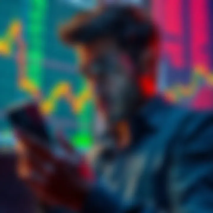 A person looking worried while checking cryptocurrency prices on a smartphone, with charts showing fluctuations in the background.