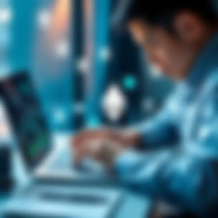 A person working on a laptop with blockchain graphics and voting symbols, illustrating the development of a voting app using Ethereum technology.