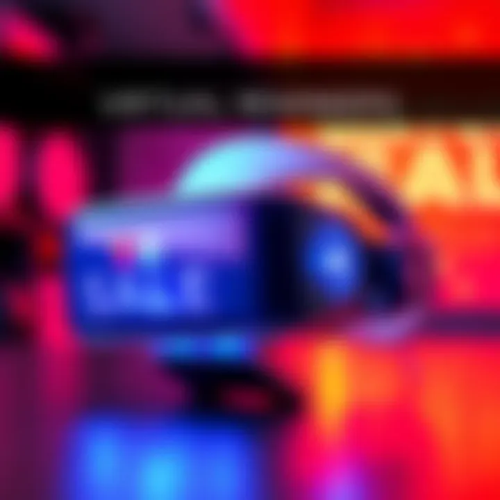 A vibrant advertisement showcasing a virtual reality headset with a sale banner in bold letters, capturing the excitement of the ongoing VR sale.