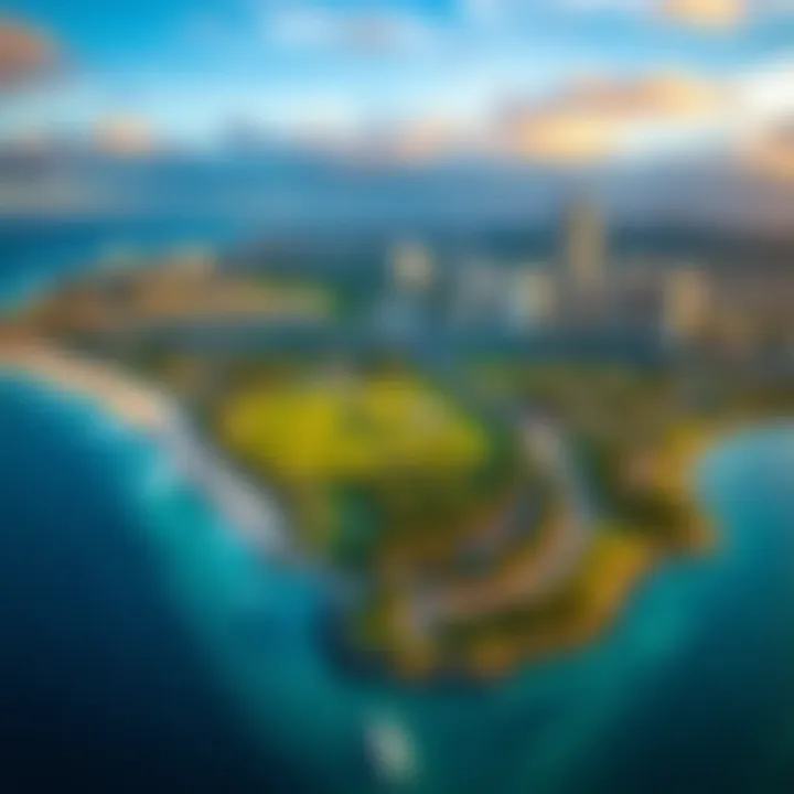 Aerial view of Waikiki showing limited land plots available for sale, with the beach and city skyline in the background.