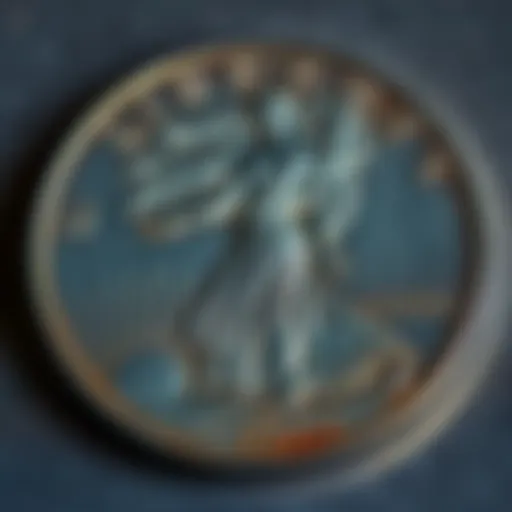 1939 Walking Liberty Coin A close-up view of a 1939 Walking Liberty coin showing its unique markings and details