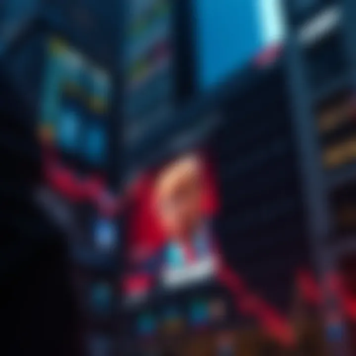 Wall Street and Trump Brand A stock market chart showing a downward trend with imagery of Donald Trump's name in the background