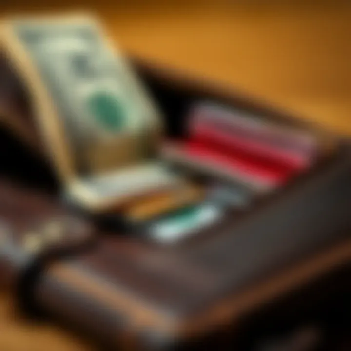 A close-up of a wallet opened with cash and cards slightly spilling out, showing signs of wear and tear.