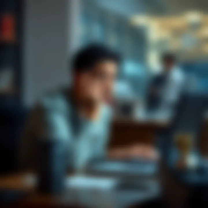 A person sitting at a desk, appearing worried while looking at a laptop screen, indicative of potentially falling for social engineering scams