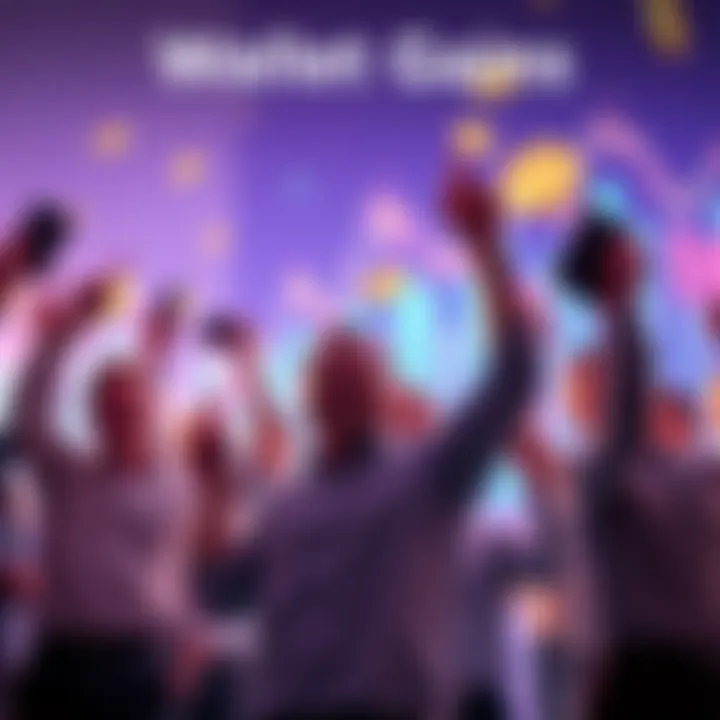 A group of happy investors holding up their wallets, celebrating profits from early investments, with a backdrop of rising charts and coins.