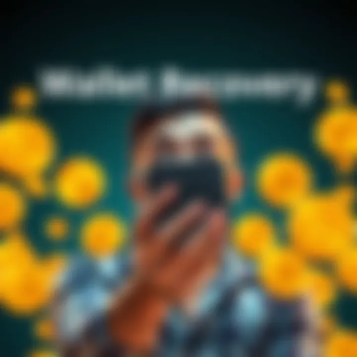 Person holding a recovered wallet with Bitcoin symbols around, looking surprised and confused