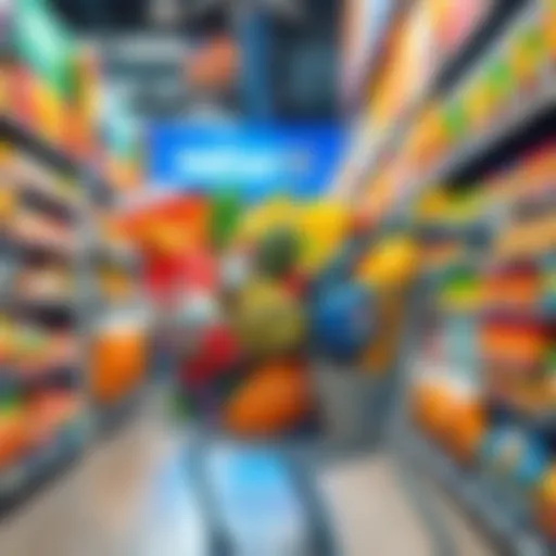 A shopper holding a cart filled with groceries and items at Walmart, showcasing great deals and savings.