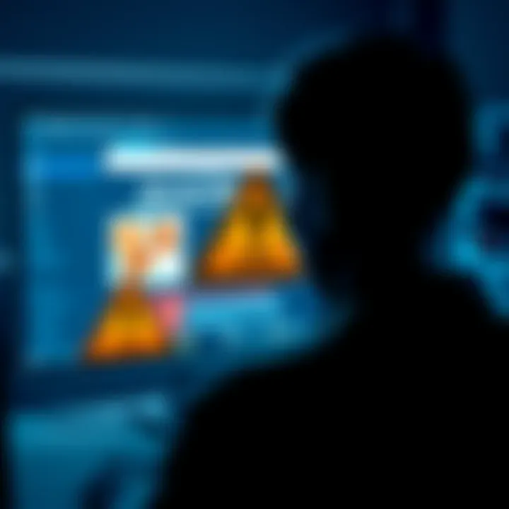 Warning Against Crypto Scams A person looking at a computer screen displaying a shady website offering to buy crypto coins, with a warning sign in the foreground.