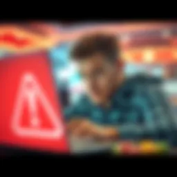 A person looking concerned while checking online casino losses on a laptop screen, with a bold red warning symbol in the foreground