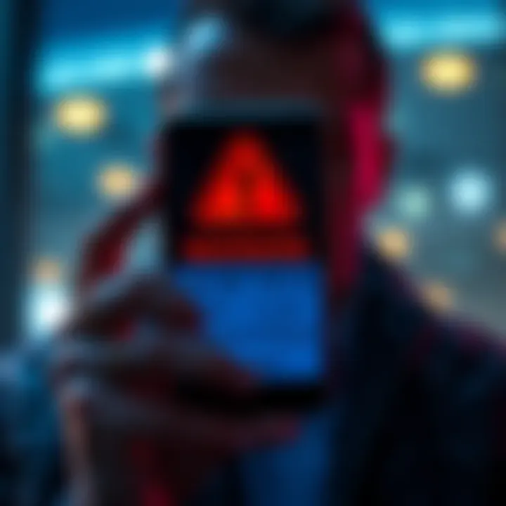 A person looking at a phone with a warning sign about scam texts related to Coinbase.