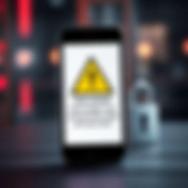 A graphic showing a smartphone with a fake ledger app interface, displaying a warning sign about seed phrase theft, alongside a lock symbol for security.