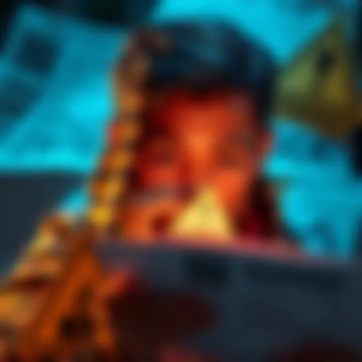 A person looking closely at warning signs for pyramid schemes, surrounded by financial documents