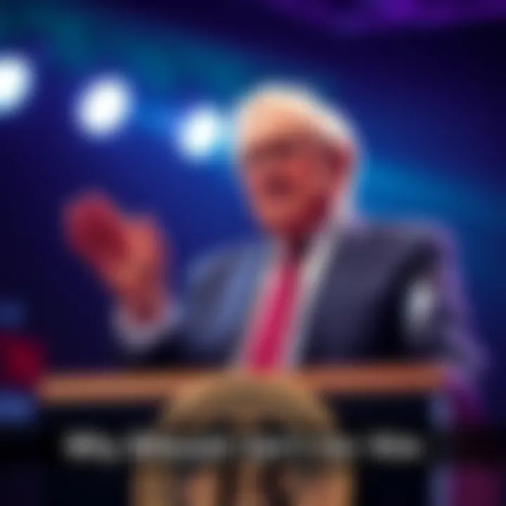 Warren Buffett at a podium discussing his views on Bitcoin and cryptocurrency