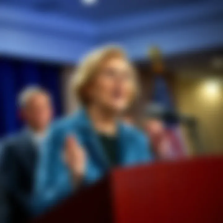Senator Elizabeth Warren at a press conference addressing concerns over Trump's family's crypto bank application