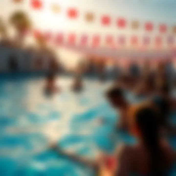 A group of people swimming and relaxing by the pool at the Water Cool L7 event, with sun shining and festive atmosphere