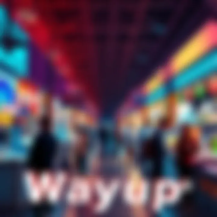 A vibrant digital marketplace scene showcasing the Wayup platform by Anvil on Cardano, with users providing feedback and engaging with the marketplace.