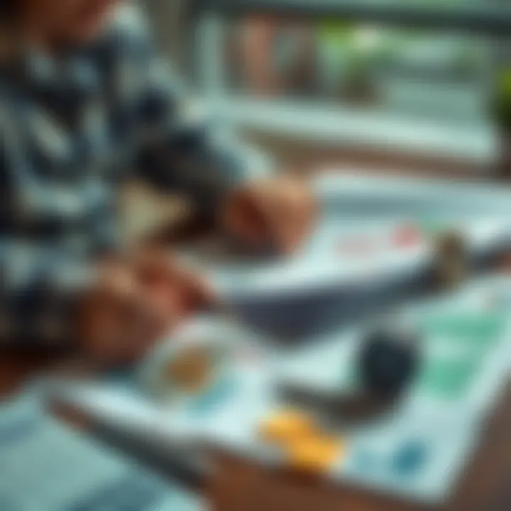 A person analyzing financial documents and graphs with money and investment tools on the table