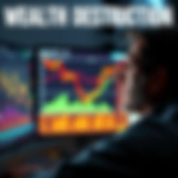 A worried investor looking at declining stock charts and fading assets on a computer screen, symbolizing wealth destruction.