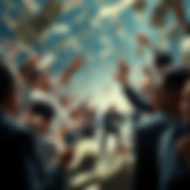 A visual representation of the wealth gap, showing rich individuals surrounded by money while others look on with concern.