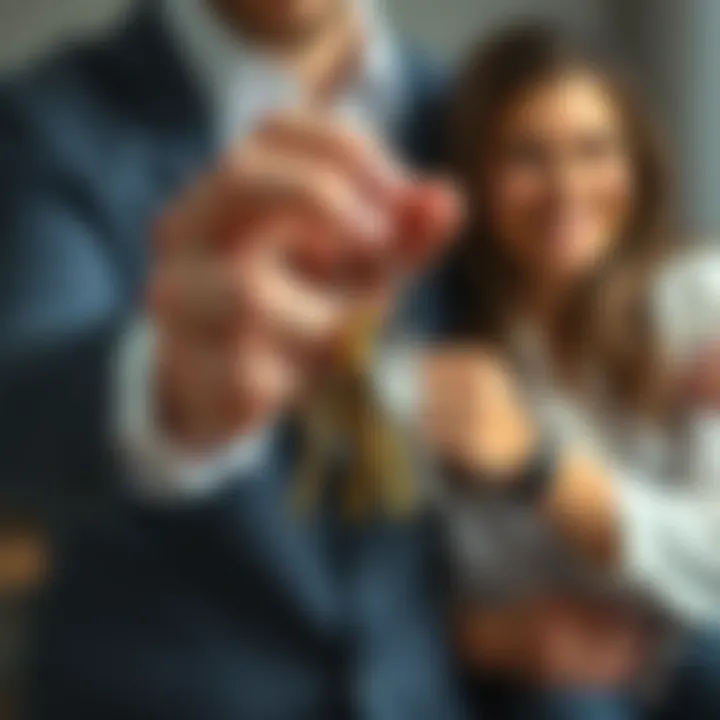 A person holding a set of keys symbolizing control over family finances, with a blurred family photo in the background.