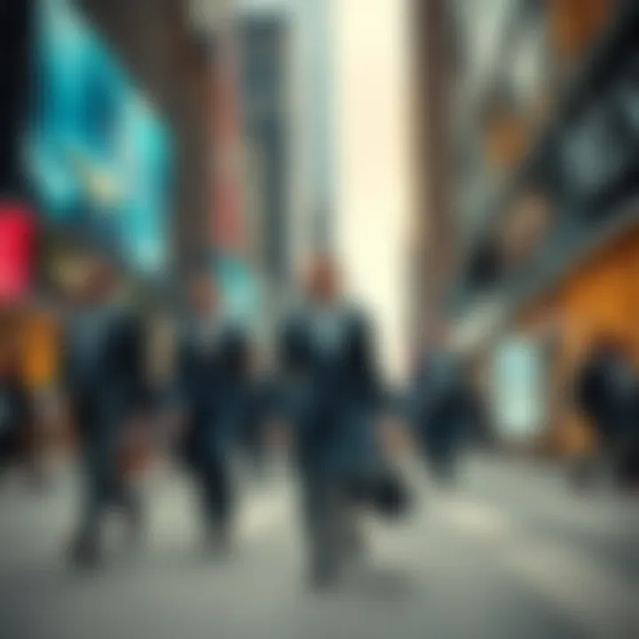 Wealthy Elite in a City Setting A group of affluent individuals in suits walking through a busy urban area, with skyscrapers and luxury shops in the background, highlighting the disconnect between the elite and the public.