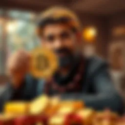 A wealthy Indian investor transitioning from gold to Bitcoin, holding a Bitcoin symbol and gold bars, representing the shift in investment strategy.