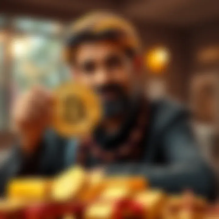 A wealthy Indian investor transitioning from gold to Bitcoin, holding a Bitcoin symbol and gold bars, representing the shift in investment strategy.