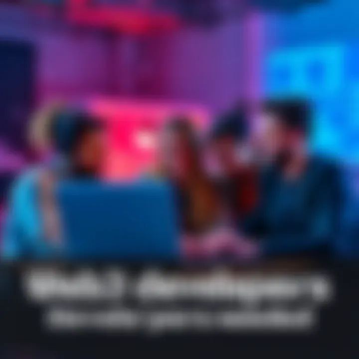 A group of diverse developers collaborating on a laptop, focused on blockchain projects like Wallet, DEX, and NFT Marketplace.