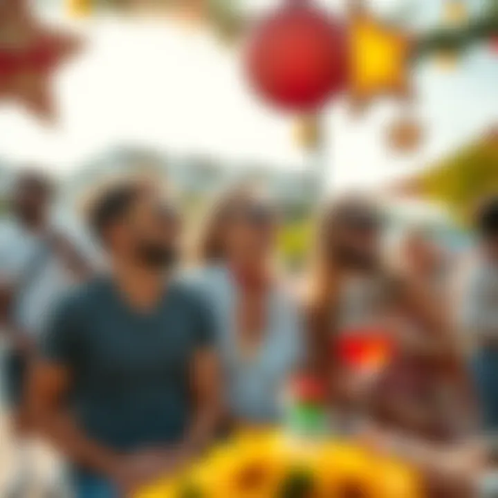 A bright and cheerful scene with people enjoying a sunny day outdoors, sharing smiles and good vibes, surrounded by nature and festive decorations.