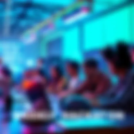 A vibrant scene showing people collaborating online during a hackathon, with laptops, fun tools, and a sense of creativity in the air.
