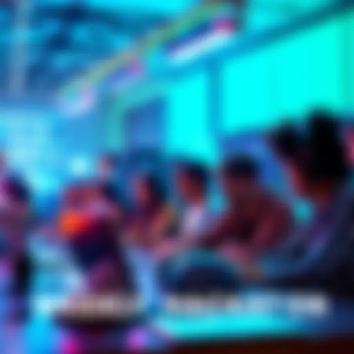 A vibrant scene showing people collaborating online during a hackathon, with laptops, fun tools, and a sense of creativity in the air.
