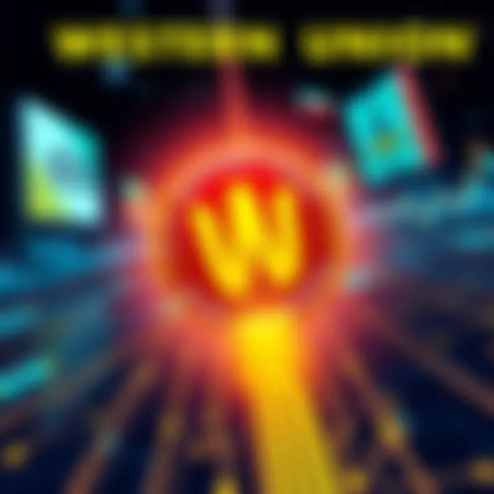 An illustration showing a digital representation of Western Union's new stablecoin on the Solana blockchain, with graphics of money transfers and global connections.