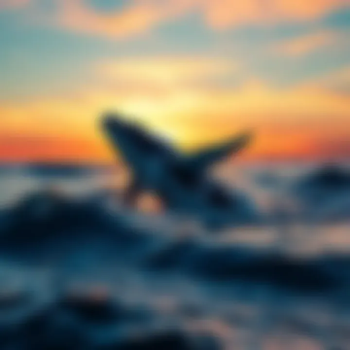 A majestic whale breaching the surface of the ocean, showcasing its immense size and grace, set against a vibrant sunset over the sea.