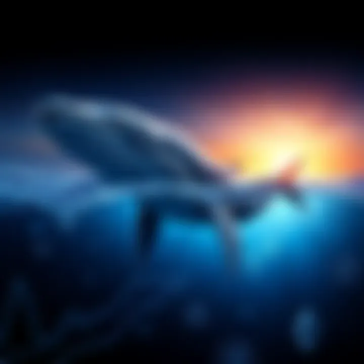 A large whale swimming in the ocean, symbolizing a significant purchase of Ethereum, with a backdrop of digital currency icons and graphs representing market trends.