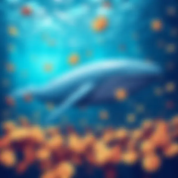 A digital illustration showing a giant whale swimming through a sea of Ethereum coins, symbolizing a large purchase in the cryptocurrency market.