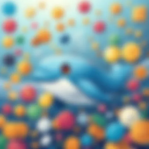 A cartoon whale surrounded by various tokens to represent the token market