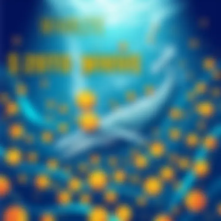 Illustration of a massive whale diving deep into a sea of Bitcoin symbols, representing a bold investment in cryptocurrency.