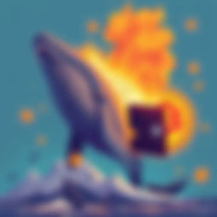 A digital illustration showing a whale sending Bitcoin to a dead wallet, symbolizing a large transaction in cryptocurrency.