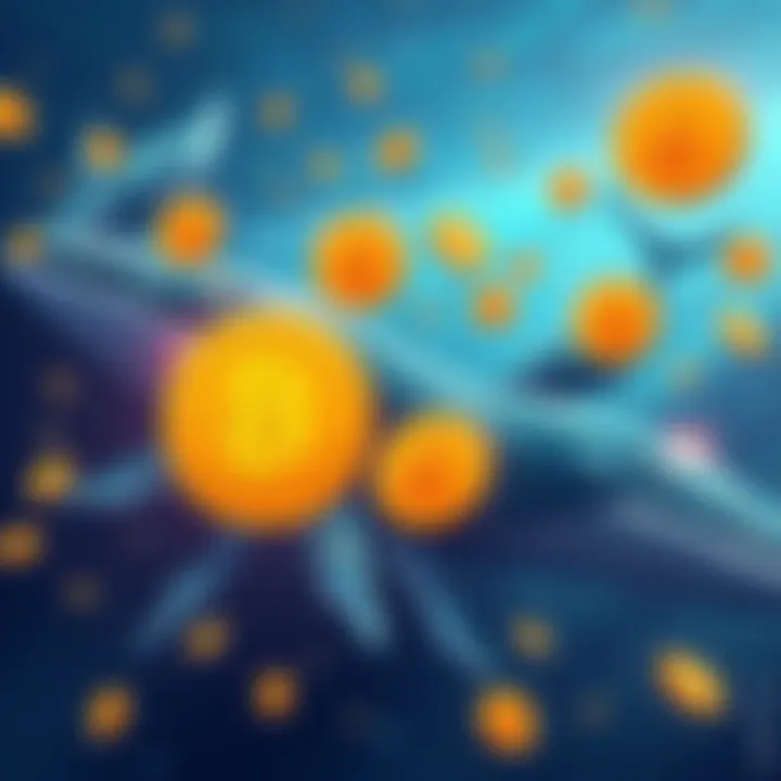 Illustration showing whales swimming with Bitcoin symbols, representing the accumulation of Bitcoin off exchanges.