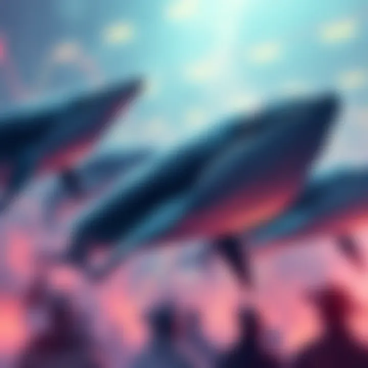 Whales in Financial Market Illustration of whales representing large investors in a stock market setting, showcasing short positions and trading activity.