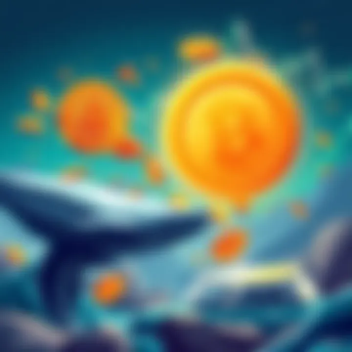 Illustration of large whale symbols buying Kaspa coins with stagnant price charts in the background
