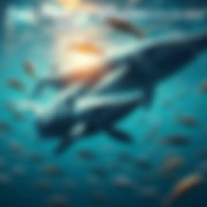 A graphic showing large whales representing major investors providing liquidity in the market while smaller fish symbolize smaller shareholders feeling the impact of market manipulation.