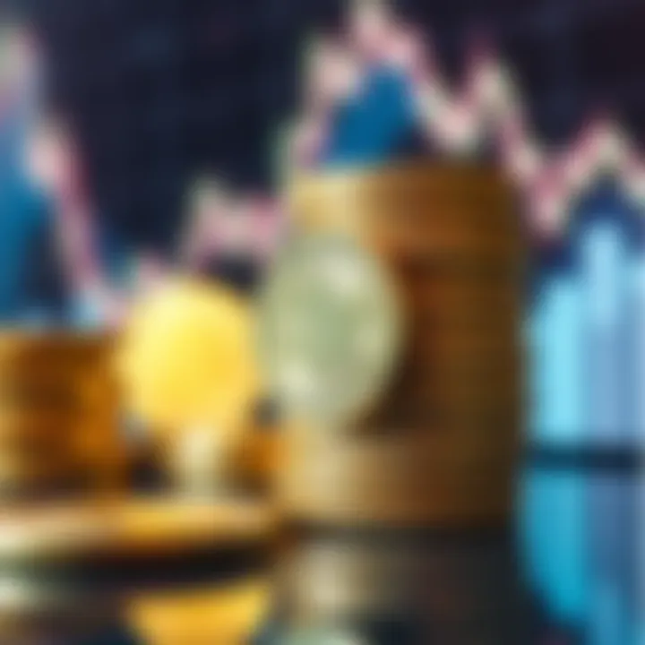 A close-up view of WHALLY cryptocurrency coins stacked with a digital background showing a rising graph.