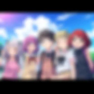 Wholesome Anime Characters Together A group of cheerful anime characters enjoying a sunny day at school, smiling and having fun together.