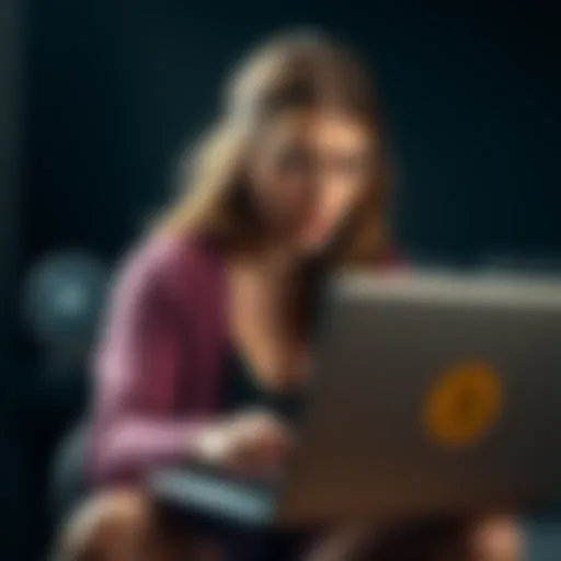 A woman looks distressed while holding an old laptop, searching for her late husband's Bitcoin.