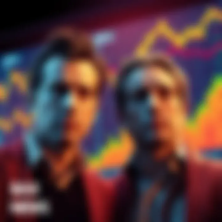 Two men resembling the Winklevoss twins looking worried as Bitcoin price drops, with charts and graphs showing decline in the background.